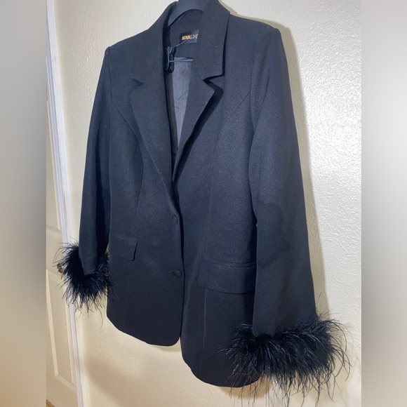 Fashion Nova Black Blazer with Feather Cuffs - Picture 3 of 5